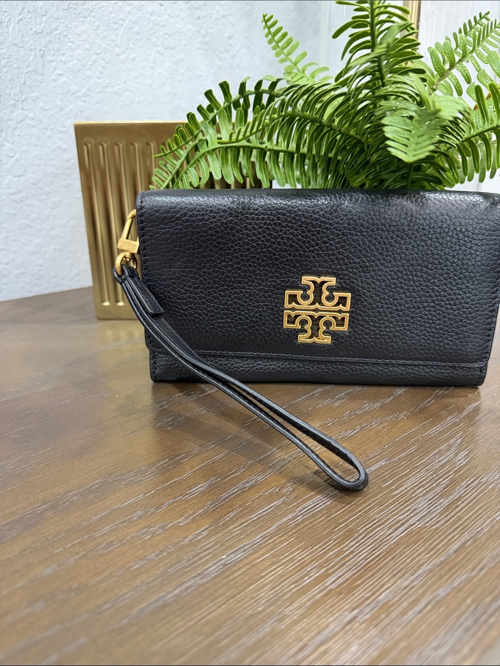 Tory Burch Black Leather Wristlet with Gold Logo Emblem